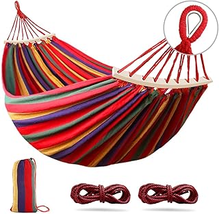 Outerman 275 x 155 cm Camping Hammock, Hammocks Thickened Canvas Fabric with 550lb Load Capacity, Two Anti Roll Balance Beam and Sturdy Metal Knot Tree Straps for Travel, Beach, Backyard etc.