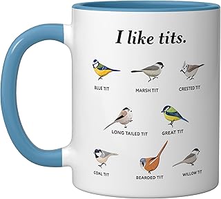 I like tits - Funny Bird watching Gift Ceramic Mug, Blue/White