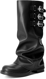 Fold-over Knee High Boots Comfort Low Chunky Heel Slouchy Boot Stylish Buckle Long Tall Fashion Boots for Women