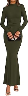 Spring Dresses for Women 2026 Formal Mock Neck Long Sleeve Ruched Knit Bodycon Mermaid Maxi Wedding Guest Dress