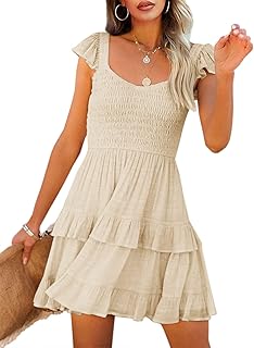 Womens Summer Ruffle Dresses Elastic Empire Waist A-line Layered Swing Flowy Mini Dress