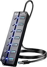 Eanetf USB 3.0 Hub, 7-Port with Individual On/Off Switches & LED Indicators, 5Gbps High-Speed Data Hub for Laptop, PC, MacBook, Surface Pro, PS5, HDD, Flash Drive (4ft Cable)