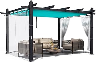 Aluminum Pergola with Retractable Canopy, 10x13 ft Sun Shade, Rust-Resistant Outdoor Pavilion for Patio, Backyard, Deck, Poolside, Waterproof, Grape Trellis, Blue with Curtains and Mosquito Netting