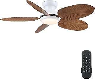 Kviflon Tropical Ceiling Fans with Lights and Remote/APP Control, 45 Inch Low Profile Flush Mount Ceiling Fans, Palm Leaf Ceiling Fan with Light for Bedroom Patios Porch Outdoor, Wood Grain
