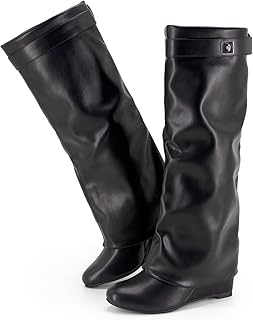 Fold Over Boots Women's Knee High Shark Boots Round Toe Wedge Heel Flat Shoes for Fall Winter Dress Shoes