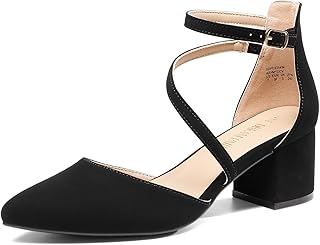 Women's Closed Pointed Toe Low Chunky Heels Pumps Ankle Strap Wedding Business Dressy Shoes