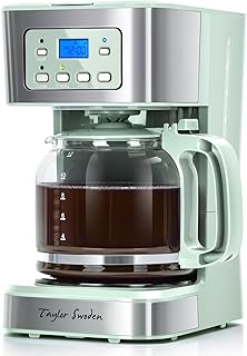 12-Cup Programmable Coffee Maker, Regular & Strong Brew Drip Coffee Machine for Home and Office, Glass Carafe, Pause & Serve, Auto Shut Off, Green & Stainless Steel