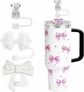 3 Pcs Straw Toppers for Stanley Cup 30 40 oz, Diamond Bow Straw Covers Set, Cute Silicone Accessories for 0.4in/10mm Straws, Dustproof Spill Proof Reusable Tumbler Charms Decorations (White)