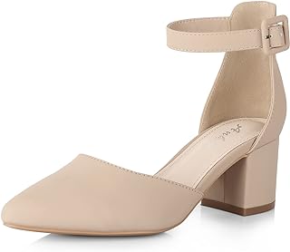 Closed Toe Heels for Women -Black Nude Gold Silver Pointed Toe Heels Low Block Chunky Women Pumps with Ankle Strap -2.25 Inch