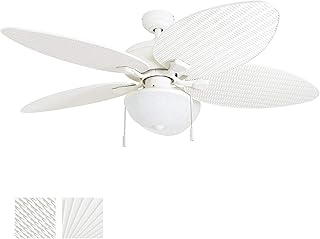 Honeywell Ceiling Fans Inland Breeze, 52 Inch Tropical Indoor Outdoor Ceiling Fan with Light, Pull Chain, Three Mount Options, Weather Resistant Blades - 50511-01 (White)