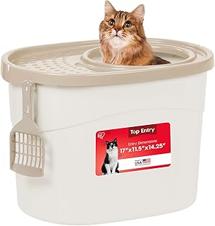 IRIS USA Cat Litter Box Large Top Entry with Lid Enclosed Covered Hooded Design Litter Catching Scatter Shield Pan Dog Proof Pet Proof Scoop Included Odor Control for Indoor Cats Kittens White/Beige