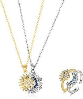 Matching Sun Moon Necklace Ring Set for 2 Sparkly Rhinestone Gold Silver Sun Pendant Necklace Adjustable Sun-Moon Open Ring Matching Couples Jewelry Valentine Gifts for BF GF