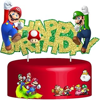 Gold Glitter Mario Cake Topper, Happy Birthday Cake Toppers, Birthday Party and Movie Themed Party Supplies.