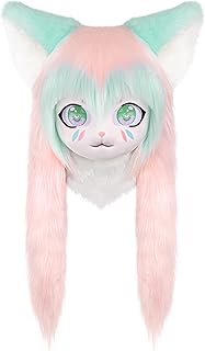 Furry Cat Head Mask with Long Faux Fur Hair Animal Cosplay Headgear Adult Costume Accessory for Halloween