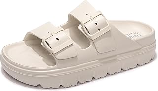 Women's Comfort Slides with Arch Support, Non-Slip Lightweight Foam Slip-on Flat Beach Sandals with Adjustable Buckle for Vacation & Everyday Wear