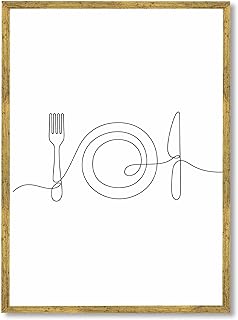Framed Minimalist Line Art Dining Poster Canvas Wall Art Print Modern Elegant Wall Decor for Kitchen Apartment Dining Room Decoration (Gold Framed,12L X16W)
