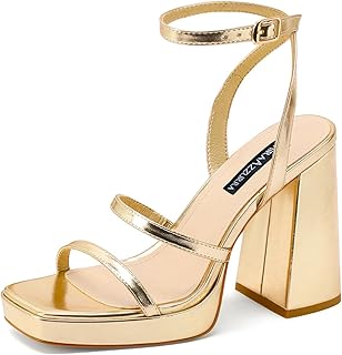 Platform Strappy Heel Sandals Square Open Toe Two Strap Chunky High Heeled Sandals with Buckle Ankle Strap for Women Party Wedding Dress