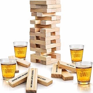 Tumbling Tower Drinking Games for Adults, with 4 Glasses and 48 Wooden Blocks with Challenges, Fun House Adult Party Games for Game Night, Great Gift Idea for Everyone