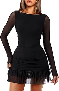 Women Boat Neck Bodycon Mini Dresses Long Sleeve Going Out Dress Ruffle Mesh Short Elegant Club Cocktail Party Dress