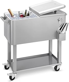 80 Quart Rolling Ice Chest Cooler Cart,Patio Backyard Party Drink Beverage Bar Stand Up Cooler Trolley with Ice Scoop