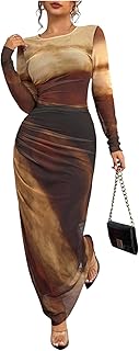 Women's Fall Wedding Guest Dress Long Sleeve Cocktail Date Night Sexy Y2K Bodycon Ruched Mesh Formal Maxi Dresses