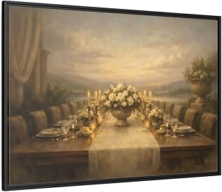 Vintage Dining Table Cream And Gold - Framed Canvas Wall Art Print 48×32 inch (120×80 cm) - Horizontal/Black / 1.25 inch (3 cm)