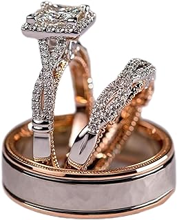 Engagement rings for couples set,3 pc His and Her Wedding Ring Set, Hypoallergenic Rose Gold Ring Set, Cubic Zirconia Bride Promise Rings Set,size 6-10
