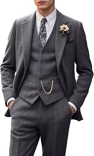 Tweed Retro Men's Suit 3 Piece Slim Fit Herringbone Suits Groom Tuxedos Set Wedding Prom Blazer Jacket Vest Pants for Men