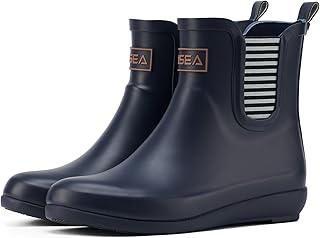 Rubber Rain Boots for Women, Slim Fit Waterproof Chelsea Rain Boots Short Ankle Garden Shoes, Wedge Heel Anti-Slipping Rainboots Fashion Outdoor Work Booties for Gardening Farming Commuting Walking