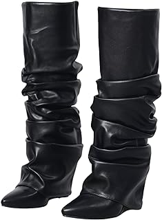 Yishaweiqi Slouched Ruched Fold Over Boots for Women Covered Wedge Heel Patent Leather Knee High Boots Wide Calf Pointed Toe Casual Boots