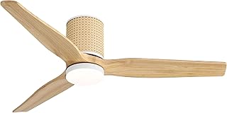 LEDLUX 52" Ceiling Fan with Light - Low Profile Flush Mount Ceiling Fan, 6-Speed Remote Control, Solid Wood, Quiet Reversible DC Motor, Wood/White Finish, for Bedroom, Living Room, Porch