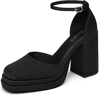 Women Chunky High Heels: Comfortable Ankle Strap Platform Pumps, Dress Wedding Shoes Party Bridal Graduation Pumps Black White Hot Pink Size 6-11