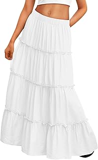 Vacation Outfits Long Skirts for Women Boho Maxi Skirt Elastic High Waist Dress with Pockets Fashion