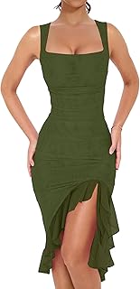 Women's Sexy Ruched Bodycon Midi Dresses Square Neck Sleeveless Ruffle Hem Club Party Tank Dress