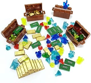 Treasure Accessories Jewel Chest, Gems Diamonds, Bullion Gold Bar, Crystals, $100 Dollar Bill Cash Toy Pirate Building Blocks Set for Kids 5 6 7 8 Years Old
