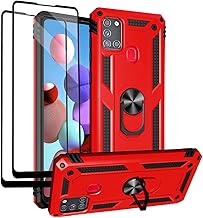 for Samsung Galaxy A21s Case with Tempered Glass Screen Protectors, Military-Grade Metal Ring Kickstand 15ft Drop Tested Shockproof Cover for Samsung Galaxy A21s Red