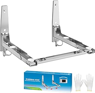 EsLuker.ly Universal Stainless Steel Microwave Oven Wall Mount Bracket with Removable Hooks, Arm Adjustable Foldable Kitchen Stretch Oven Stand Shelf Rack Load 100 lb, Silver