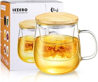 Lezero 15oz Tea Infuser Cups with Strainer and Lid, Glass Filter Mugs Brewing Kit for Loose Leaf-Tea & Blooming, Heat Resistance, Lead-free, Microwave & Dishwasher Safe