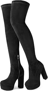 NueiVeiuo Women Thigh High Boots Platform Chunky Heel Side Zipper
