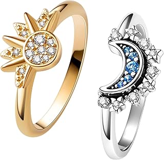 Celestial Sun and Moon Ring Set, Sparkling Sun Ring/Blue Moon Ring with 14k Gold/Silver Plating, Friendship Promise Ring, Stackable Celestial Rings, Gift for Women
