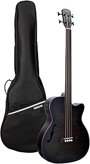 WishMade Acoustic Fretless Bass Guitar Hollow Body With F-Holes 4 String Lightweight Bass Guitar for adults, Flamed Maple Top With Gig Bag(BK FL)