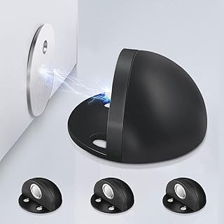 Door Stoppers 4 Pack, Magnetic Door Stop, Self Adhesive, Black Floor Door Stops for Bottom of Door, Brushed Satin Stainless Steel, Magnetic Door Catch Door Holder