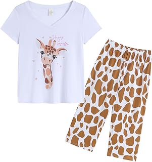 YIJIU Women's Short Sleeve Tops and Capri Pants Cute Cartoon Print Pajama Sets (Available in Plus Size)