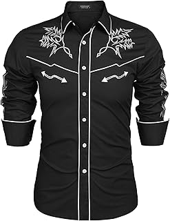 Men's Western Cowboy Shirt Long Sleeve Embroidered Shirt Slim Fit Cotton Casual Button Down Shirt
