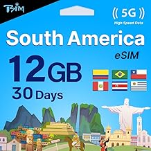 TSIM South America eSIM 30 Day | 12 GB Internet in 5G/4G/LTE (Data Sharing Allowed) | Use in Brazil, Chile, Colombia, Peru, Uruguay & Costa Rica | eSIM in 24 Hours | High Coverage 5G Network.