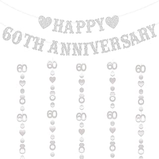 60th Anniversary Silver Glitter Banner with 60 Diamond Heart Garland, Just Married 60 Years Ago, We Still Do 60th, 60 Years Blessed & Loved Party Decorations