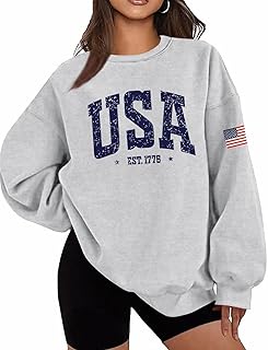 Womens Oversized USA Sweatshirt Crewneck American Flag Sweater Long Sleeve Loose Fleece Top 4th of July Outfit
