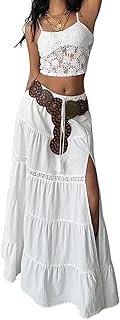 Women's Long Maxi Skirts Boho Western Country Cncert Outfits Lace Skirt Split Layered Ruffle Skirt