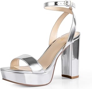 Platform Heels for Women 4 Inches Chunky Heels Sandals for Women Comfy Open Toe Block Heeled Sandals Nude White Silver Gold Black Ankle Strappy Heels