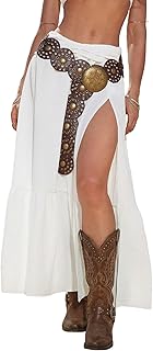 Women's Boho Western Low Rise Maxi Skirt Ruffle High Slit Country Cowgirl Skirts